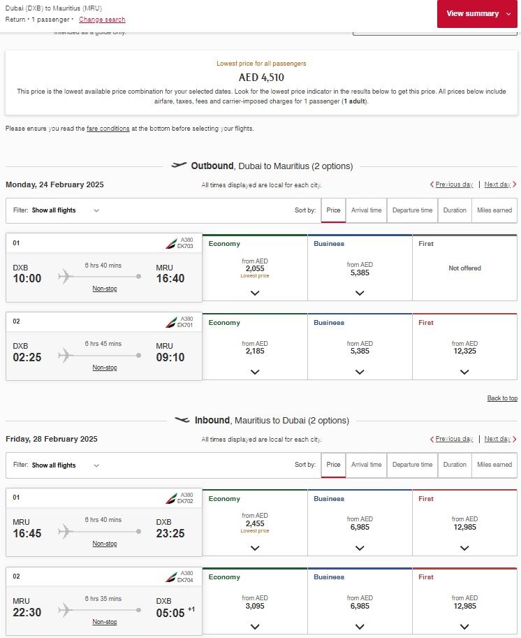 Emirates Airlines Price